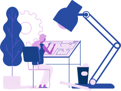Coloured graphic depicting person working at a desk