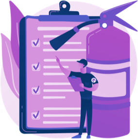 Coloured graphic of man pointing at large checklist document besides a large fire extinguisher